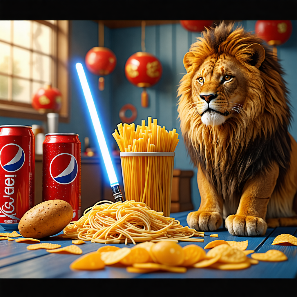 noodle, lightsaber, lion, pepsi, potato chip